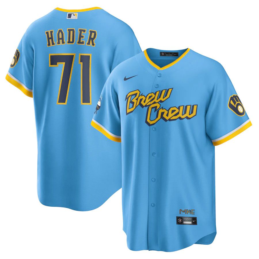 Custom Men Milwaukee Brewers 71 Josh Hader Nike Powder Blue 2022 City Connect Replica Player MLB Jersey